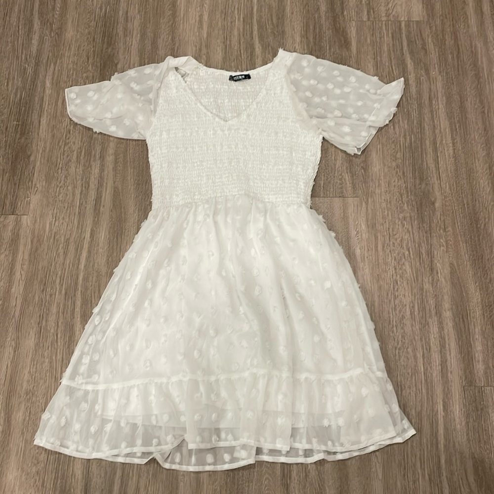 smocked white sun dress, size m